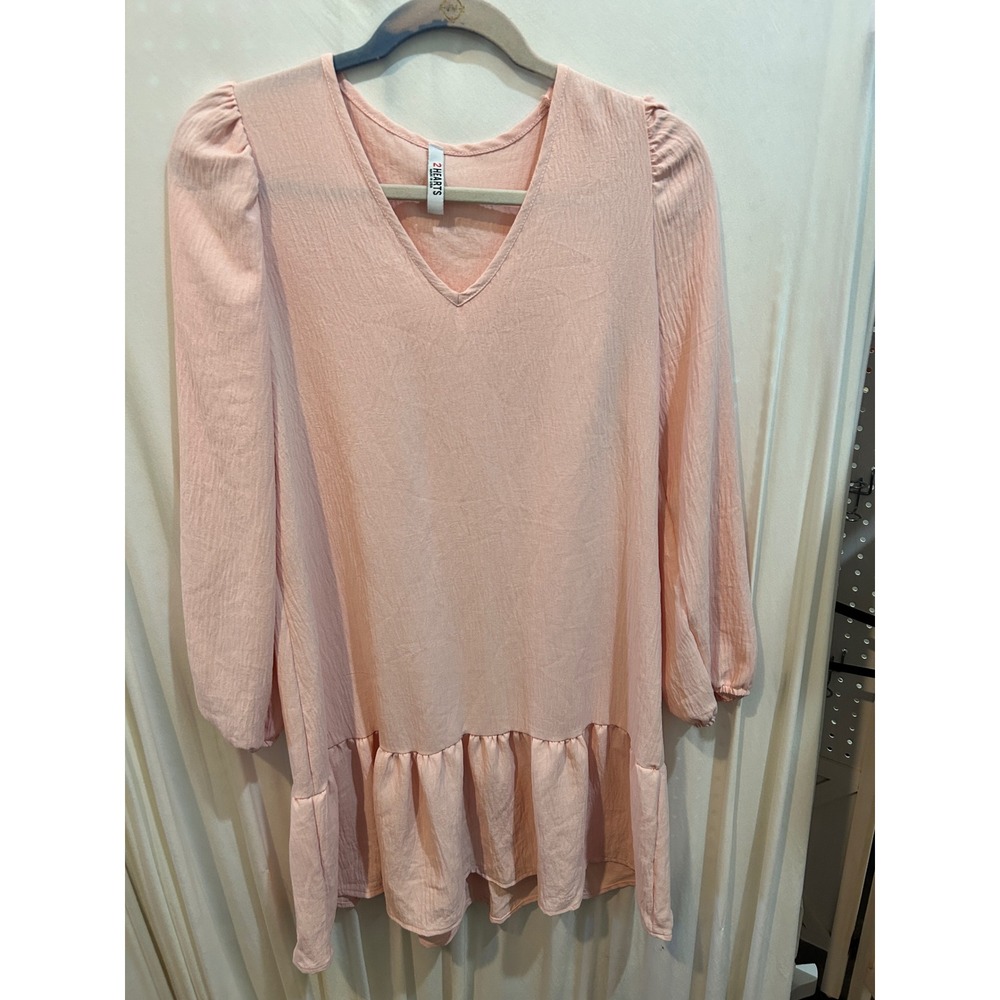 2‎ Hearts Pink Long Sleeve Ruffle Hem V Neck Mini Dress Made in USA